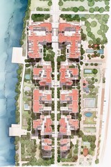 site plan of a coastal residential community modern buildings linear roads MVRDV top view markers drawing