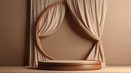 Obraz na płótnie Canvas 3D display podium, brown background with wood frame pedestal and flying silk cloth curtain. Nature wind. Beauty, cosmetic product presentation stand. Luxury feminine mockup 3d render advertisement