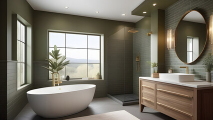 Fototapeta na wymiar Bathroom interior with olive-colored walls.