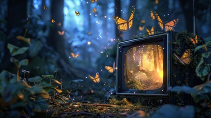 tv in the woods with little butterflies flying in the background in the style of dreamlike creatures bold use of light fictional landscapes