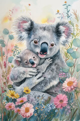 Mommy koala with baby of flowers, in the style of realistic watercolor