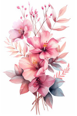 Pink flower bouquet with beautiful branches and leaves. Wedding concept. Watercolor