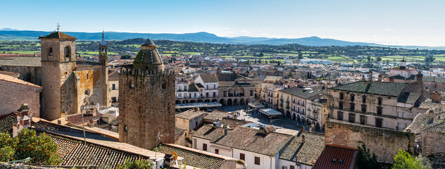 Great panoramic view of the monumental and medieval city of Trujillo in Caceres, Spain.