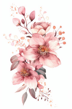Pink flower bouquet with beautiful branches and leaves. Wedding concept. Watercolor
