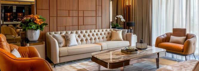 One beige sofa in a living room