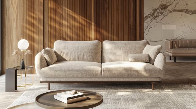 One beige sofa in a living room