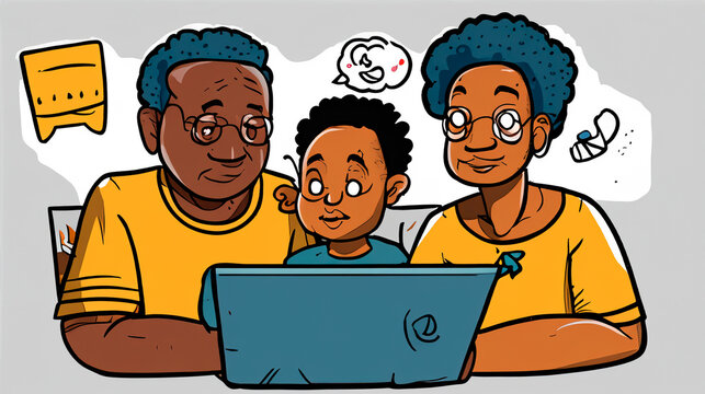 Cartoon grandson teaches grandmother to use a computer