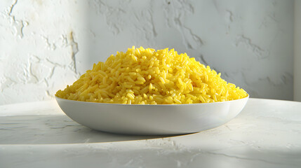 Steaming bowl of yellow rice on table