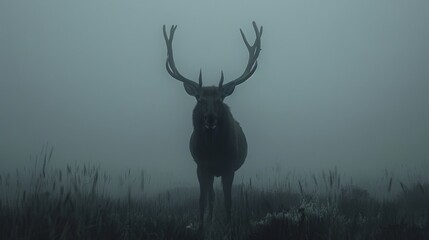 Obraz premium Moose standing in atmospheric dense fog. Forest Mountain wildlife. Elk. Deer.