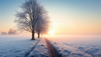 Morning mist in a wintry Dutch polder landscape - obrazy, fototapety, plakaty