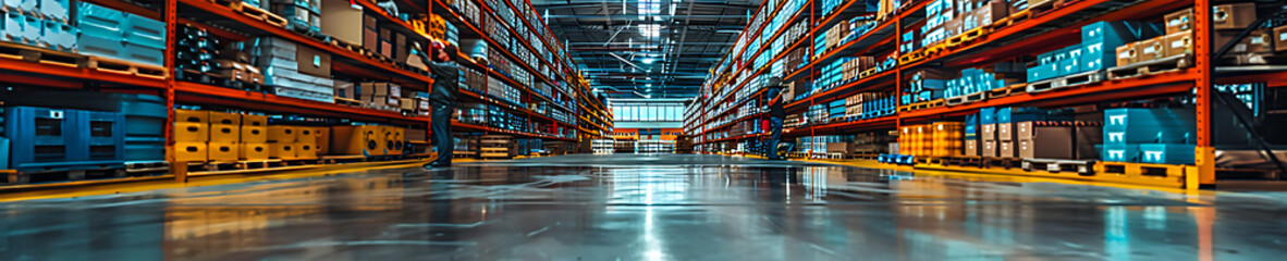 Fototapeta na wymiar Warehouse industrial and logistics companies. Commercial. Huge distribution with high shelves Smart management system. worker