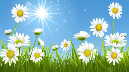 Fototapeta na wymiar Daisies in the grass against a background of blue sky and bright sun. Summer floral card, banner