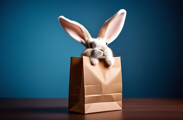 A fawncolored rabbit toy with ear gesture in a natural material bag