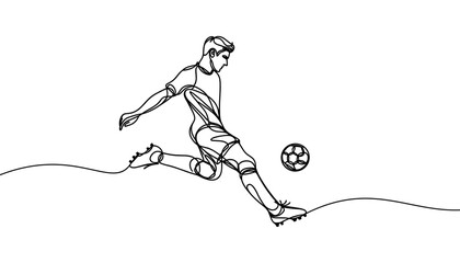 Vector image of a soccer player kicking a ball, in a linear style.