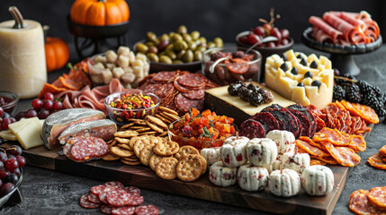 Design a Halloween-themed charcuterie board, featuring spooky-shaped cheeses, creepy crackers, and...