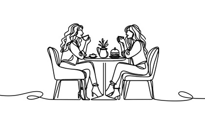 A vector image of two girls at a table in a cafe, talking.