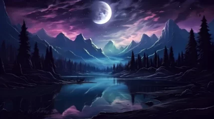 Poster Aurores boréales night landscape with moon