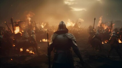 Warrior knight takes part in an epic battle. Fantasy medieval background. The concept of medieval history, life and culture. Ai-generated. - Powered by Adobe