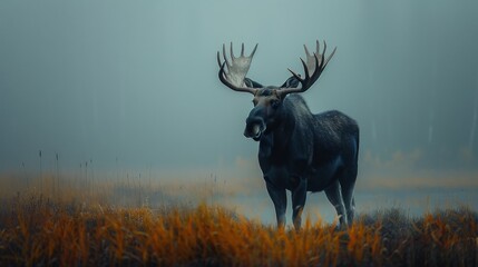 Moose standing in atmospheric dense fog. Forest Mountain wildlife. Elk. Deer.