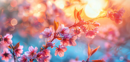 sunset hues casting a warm glow on cherry blossoms