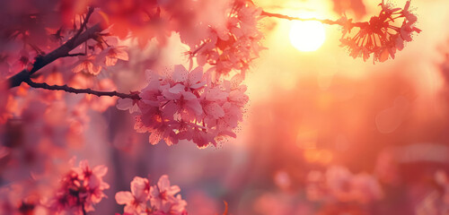 sunset hues casting a warm glow on cherry blossoms