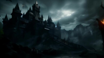 Scary medieval castle fortress at night. Fantasy background. The concept of medieval history, life and culture. Ai-generated. - Powered by Adobe