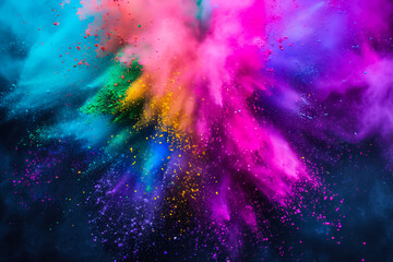 The image captures the dynamic explosion of colorful powders during the festival of Holi.