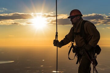 Industrial rope access technician rappelling down the side of a skyscraper at sunset. He is wearing a hard hat, safety glasses, and a full-body harness. Carabiner hook and rope safety equipment. - obrazy, fototapety, plakaty