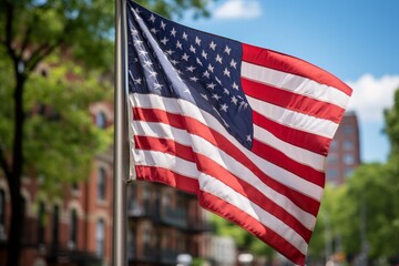 Waving American flag with city skyline in the background during Memorial Day, 4th of July, Presidents Day celebrations. USA patriotic concept symbolizing freedom and democracy in the United States.