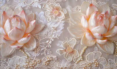 Obraz na płótnie Canvas shimmering pastel lotus flowers adorned with pearls on lace background