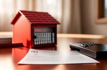 A small red dollhouse on a table beside a calculator and paper