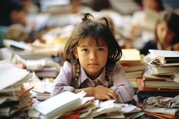 A focused elementary school student immersed in her studie sitting at a cluttered desk filled with colorful textbooks, notepads, and school supplies, surrounded by towering stacks of books and loose p - obrazy, fototapety, plakaty