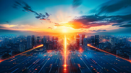 Urban Velocity: City Street at Sunset, Capturing the Fast-Paced Life and Movement of the Urban...