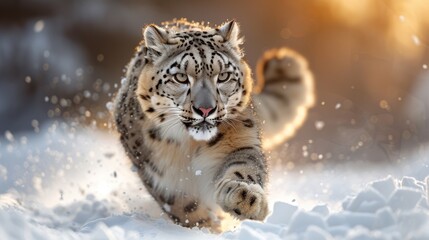 Obraz premium Majestic snow leopard in action, winter mountain range, goldenhour. Big cats. 