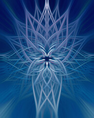 Blue mirrored geometric kaleidoscope mandala background fractal twirl art piece made from a nature photo of a spider web covered in dew drops