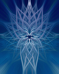 Blue mirrored geometric kaleidoscope mandala background fractal twirl art piece made from a nature photo of a spider web covered in dew drops