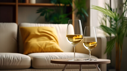 Glass of white wine on sofa with wooden armrest tab - obrazy, fototapety, plakaty