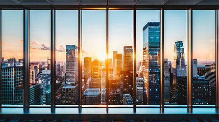 Urban Twilight: Modern Cityscape at Sunset, Showcasing the Dynamic Interplay of Light and...