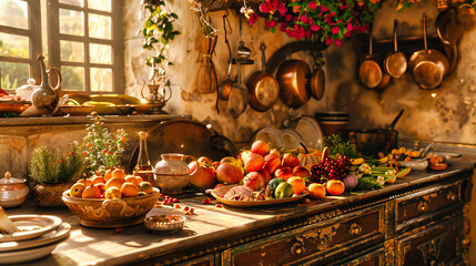 Organic Vegetables and Fruits on Table, Healthy Food Concept, Fresh and Natural Produce