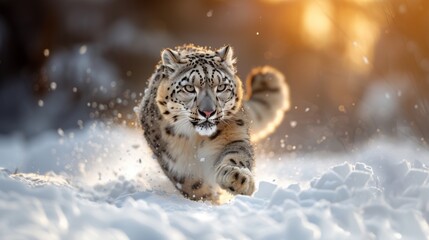 Majestic snow leopard in action, winter mountain range, goldenhour. Big cats. 