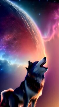 Nebula-colored wolf howling at alien moon