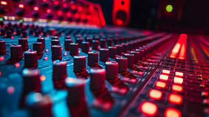 Fototapeta premium Wide-angle shot of a mixing console for a recording studio. Red cinematic studio light.