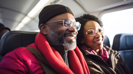 Black middle aged couple travelling by train, responsible travel concept - obrazy, fototapety, plakaty