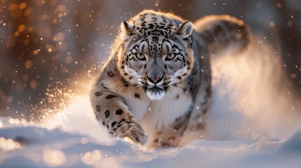 Majestic snow leopard in action, winter mountain range, goldenhour. Big cats. 