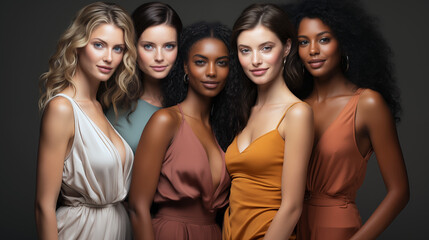 Portrait of group of five beautiful women with natural beauty, glowing smooth skin and beautiful hair