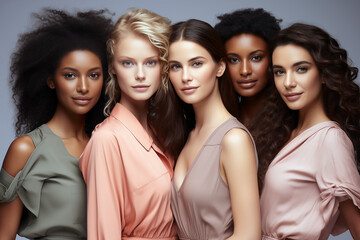Obraz premium Portrait of group of five beautiful women with natural beauty, glowing smooth skin and beautiful hair