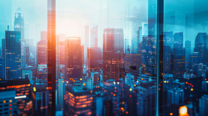 Fototapeta na wymiar Urban Twilight, Futuristic Cityscape with Glowing Skyscrapers, Concept of Business Growth and Architectural Innovation