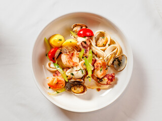 Delicious seafood platter as healthy eating and catering concept. Tasty meal of seafood as prawn, shellfish, mussel close up