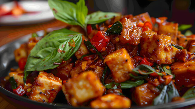 Spicy basil tofu stir fry on plate