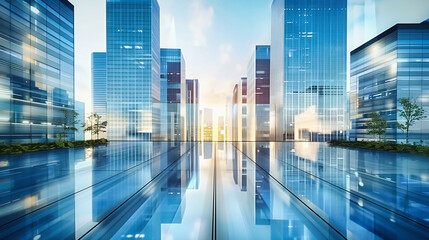 Urban Skyline and Modern Architecture, Reflections of Skyscrapers in Blue Sky, Concept of Business and City Life